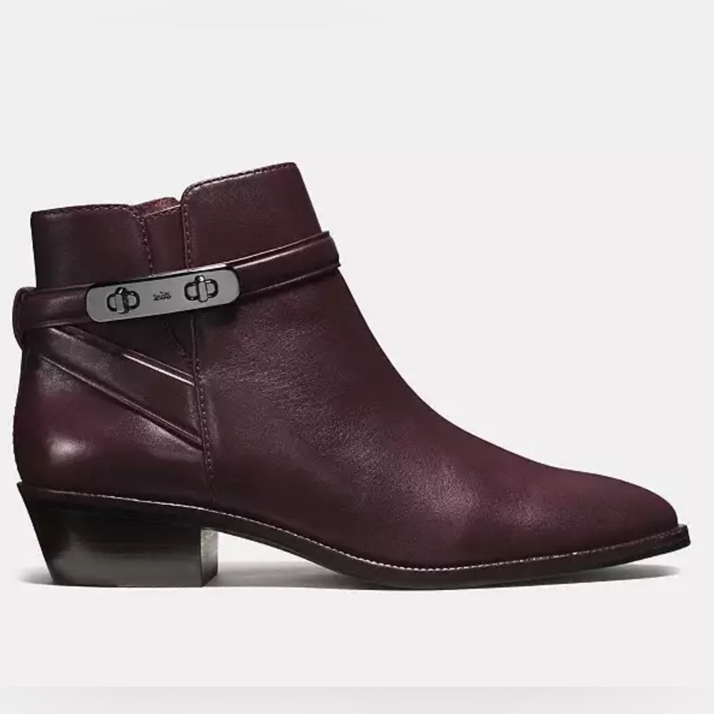Coach COLEEN Genuine Leather Aubergine Side Zip Ankle Boot